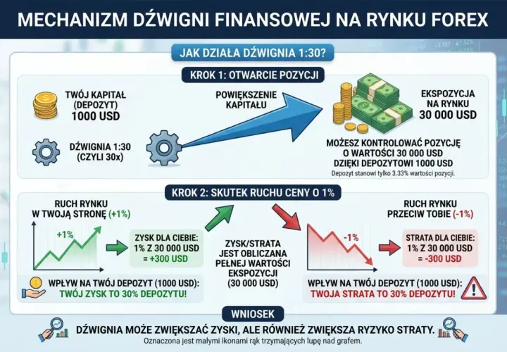Lewar giełda: 1000 USD depozytu z dźwignią 1:30 daje ekspozycję 30 000 USD. Ruch o 1% to 300 USD zysku lub straty, czyli 30% depozytu.
