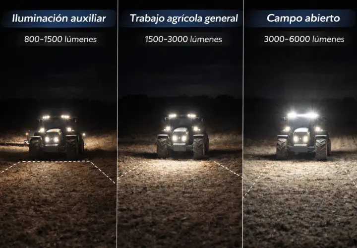 Comparativa de tractores con diferentes iluminaciones: auxiliar (800-1500 lúmenes), trabajo agrícola (1500-3000 lúmenes) y campo abierto (3000-6000 lúmenes).