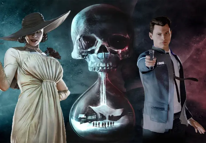 Kobieta w kapeluszu, klepsydra z czaszką i domkiem, oraz android z pistoletem. Klimat gier podobnych do Until Dawn.