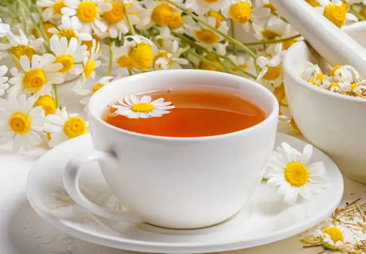Aromatyczne picie rumianku w filiżance, obok świeżych kwiatów i moździerza z suszem.