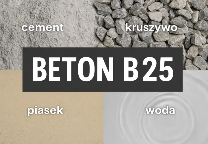 Składniki betonu B25: cement, kruszywo, piasek i woda. Kluczowe proporcje dla wytrzymałości.