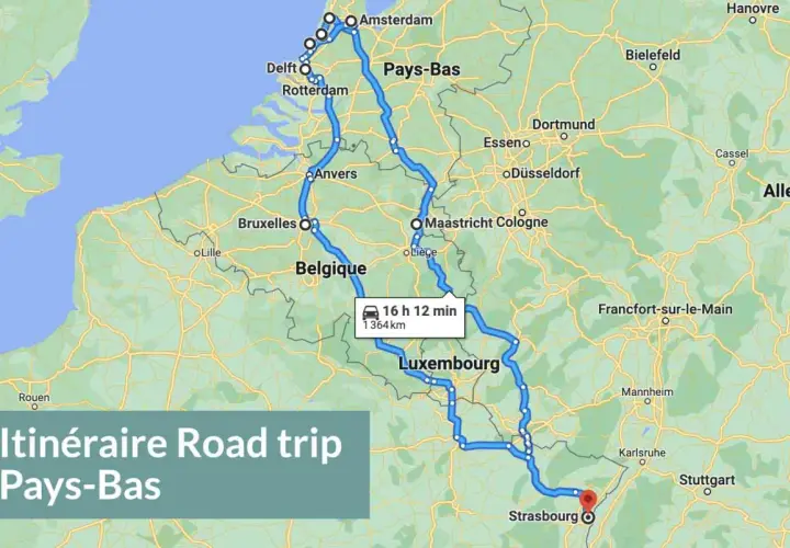 Carte d'un road trip en camping-car aux Pays-Bas, traversant la Belgique et le Luxembourg. L'itinéraire de 1364 km dure 16h12.