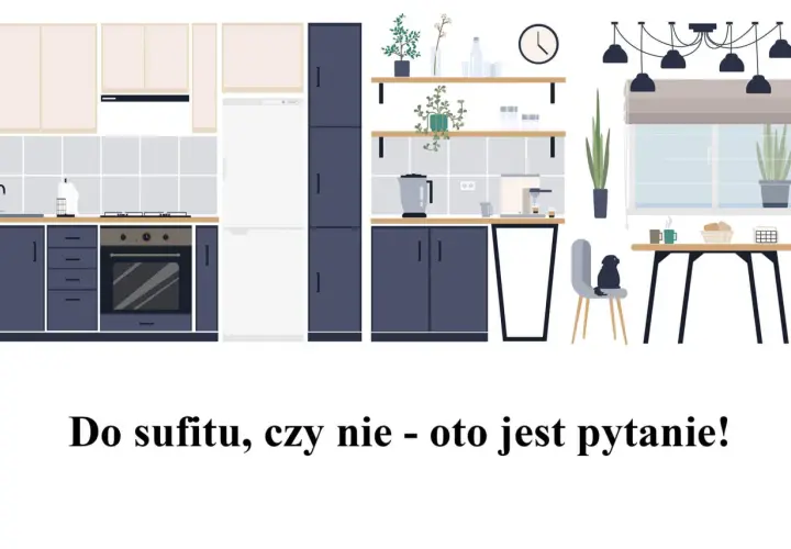 Nowoczesna kuchnia z ciemnogranatowymi szafkami i jasnymi blatami. Zastanawiasz się nad wymiarami szafek kuchennych?