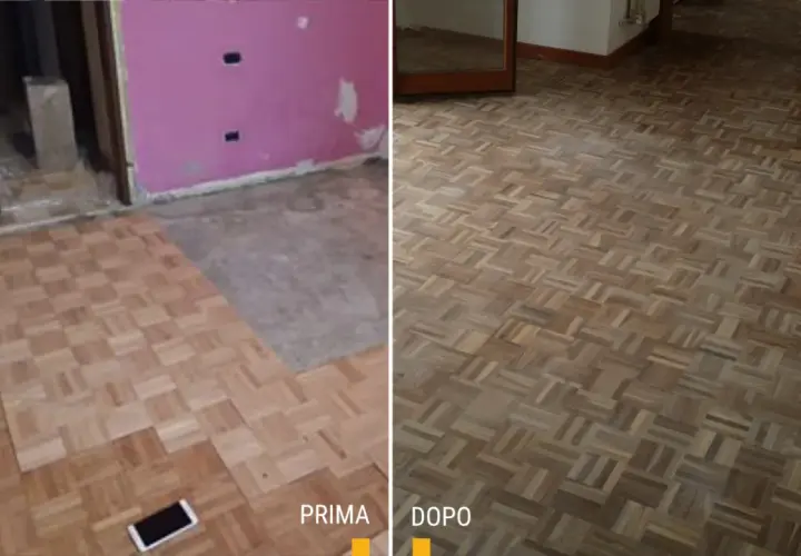 Parquet prima e dopo la levigatura: un confronto che mostra la trasformazione di un pavimento in legno, da opaco e usurato a lucido e rinnovato.