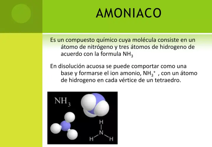 Molécula de amonio (NH₃) con un átomo de nitrógeno y tres de hidrógeno. En disolución, forma el ion amonio.