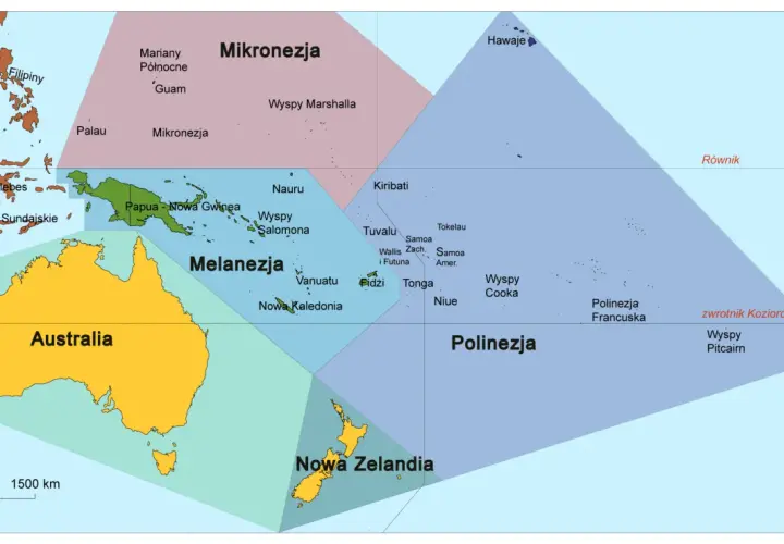 Mapa przedstawia podział państw Oceanii na regiony: Mikronezję, Melanezję i Polinezję, z zaznaczoną Australią i Nową Zelandią.