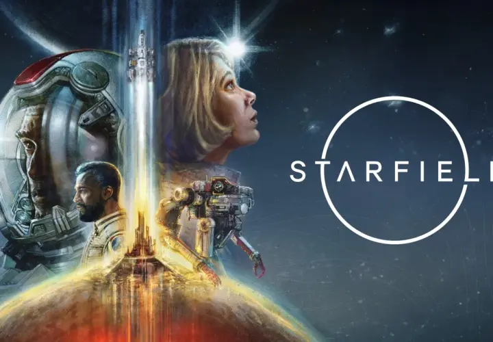 Visuel de Starfield : un astronaute, une femme regardant vers le ciel, un robot et un vaisseau spatial s'élèvent d'une planète.