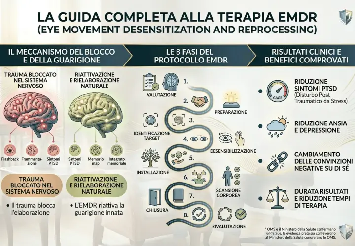 La terapia EMDR: cos'è? Illustra il meccanismo del blocco e della guarigione, le 8 fasi del protocollo e i benefici clinici.
