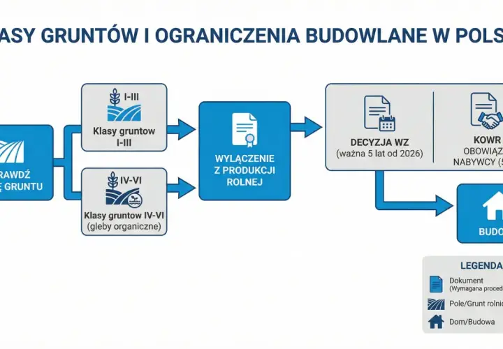 Schemat blokowy procesu budowy domu na działce rolnej: sprawdź klasę gruntu, wyłączenie z produkcji rolnej, decyzja WZ, KOWR, budowa.