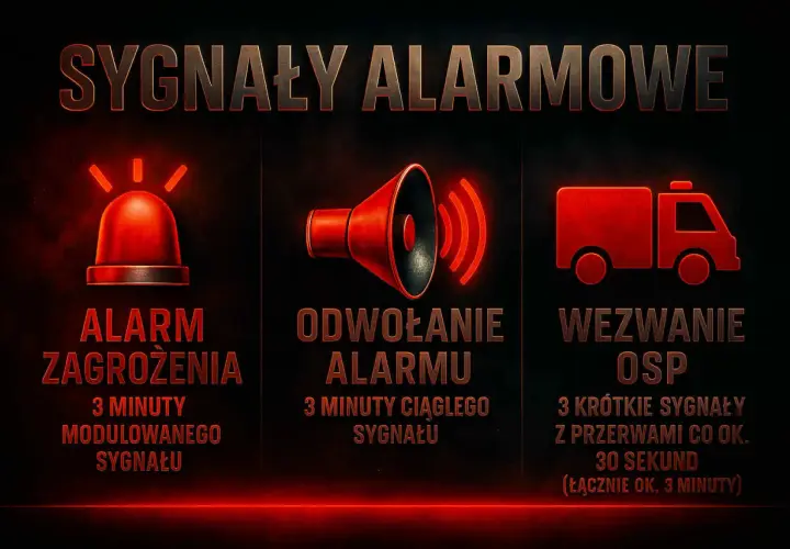 Trzy ikony: migająca lampa (alarm zagrożenia), głośnik (odwołanie alarmu) i wóz strażacki (wezwanie OSP). Opisuje 5 sygnałów syreny strażackiej.