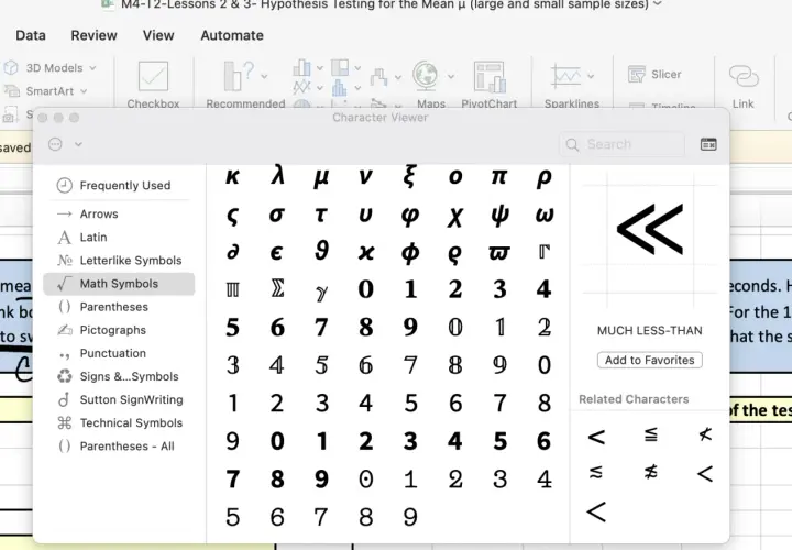 Finestra "Visualizzatore caratteri" in Excel, con la sezione "Simboli matematici" attiva, utile per come vedere la versione di Excel.