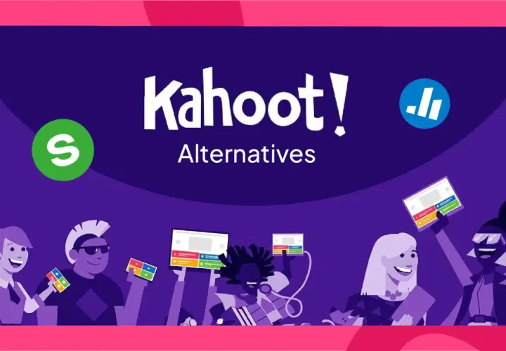 Quiz-Spaß mit kahoot Alternativen kostenlos! Mehrere bunte Quiz-Karten und Tablets werden von fröhlichen Menschen gehalten.
