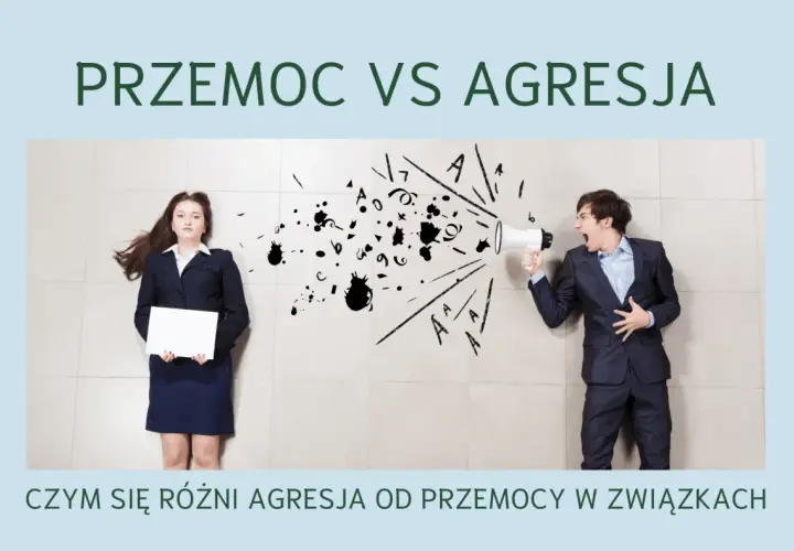 Mężczyzna krzyczy do megafonu, a kobieta leży na ziemi, symbolizując przemoc niewerbalną.