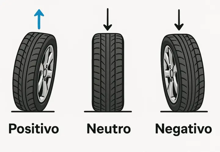 Ilustración de tres ruedas de coche: positiva, neutra y con caída negativa. La caída negativa muestra el neumático inclinado hacia adentro en la parte superior.
