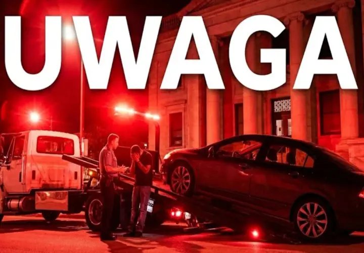 Policjant rozmawia ze zrozpaczonym kierowcą, gdy jego samochód jest ładowany na lawetę. Konfiskata samochodu w nocy, oświetlona czerwonymi światłami.