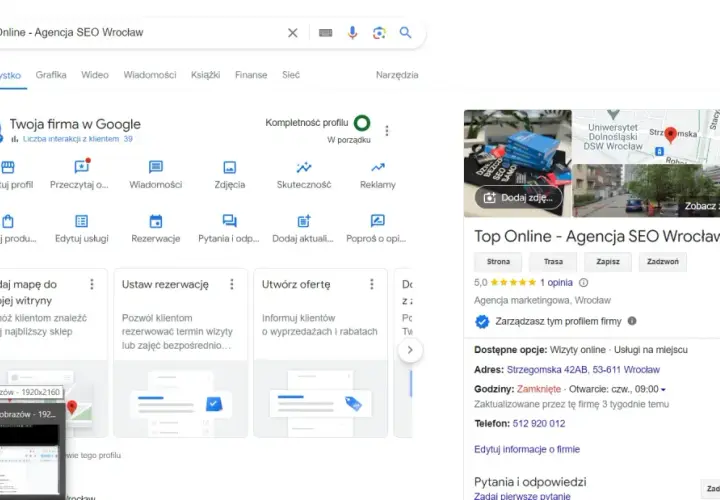 Wyniki wyszukiwania Google dla "Top Online - Agencja SEO Wrocław". Widoczny panel zarządzania firmą, opcje edycji profilu, dodawania ofert i zarządzania rezerwacjami.