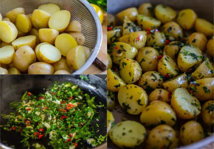 Små, delade potatisar blandas med en kryddig örtblandning. En härlig batata harra som väntar på att serveras.