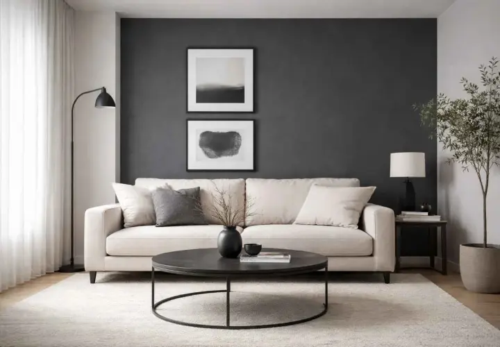 Un salon moderne avec un canapé crème, des coussins gris et une table basse noire. Le mur gris foncé met en valeur des tableaux abstraits. Quelle couleur avec le gris dans une chambre ? Le crème et le noir apportent une touche d'élégance.
