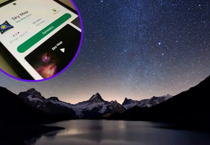 Aplikacja "Sky Map" do obserwacji gwiazd i faz księżyca, na tle nocnego nieba nad górami.