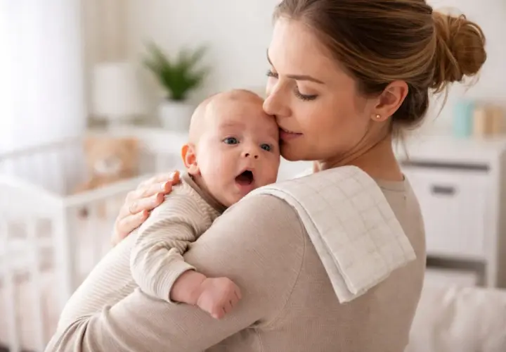 Mamma abbraccia il suo bimbo, che ha un piccolo singhiozzo dopo poppata. La culla e un orsetto sullo sfondo.