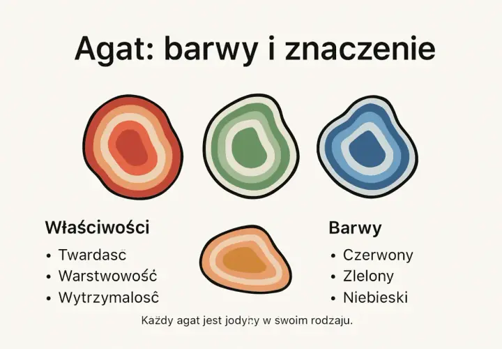 Ilustracja przedstawia kolorowe agaty, podkreślając ich właściwości: twardość, warstwowość i wytrzymałość. Agat biały, choć nie pokazany, również posiada te cechy.