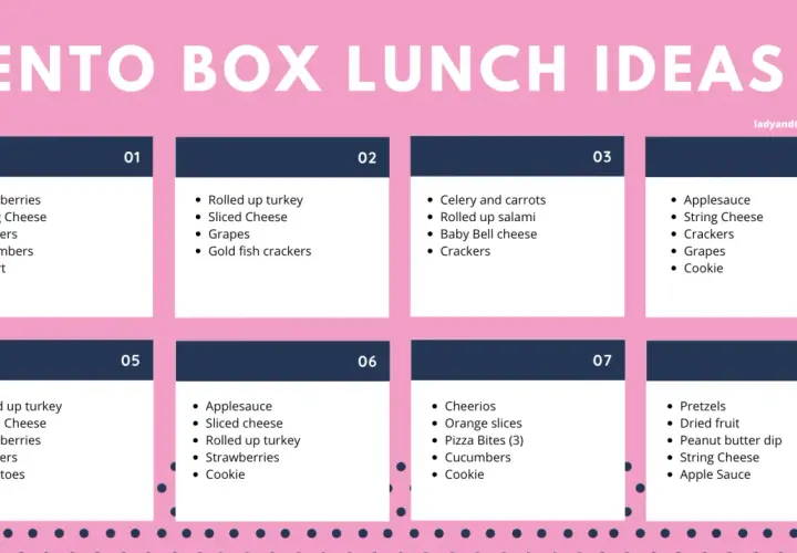 Eight bento box template ideas with food suggestions like strawberries, cheese, crackers, and yogurt.