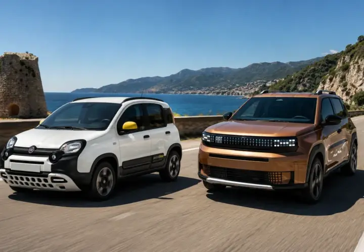 Due Fiat Panda 2026, una bianca e una color rame, sfrecciano su una strada costiera panoramica con il mare e le montagne sullo sfondo.