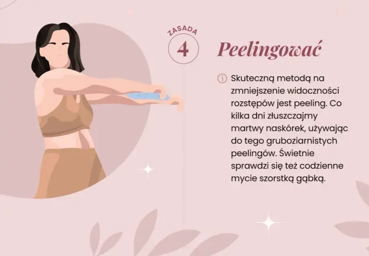 Kobieta wykonuje peeling, by zmniejszyć widoczność rozstępów. Peeling pomaga złuszczyć martwy naskórek.
