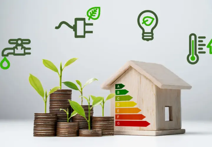 Piccola casa in legno con simboli di risparmio energetico: acqua, elettricità, lampadina, termometro. Piantine crescono su pile di monete, simbolo di investimento nel risparmio energetico in casa.