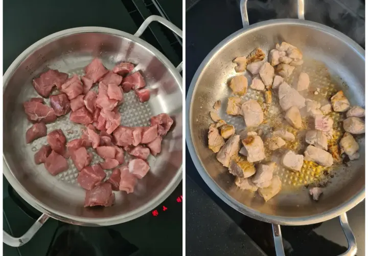Rohes und angebratenes Schweinefleisch in einer Pfanne. Die Zubereitung für ein leckeres Schweinegulasch Rezept beginnt.