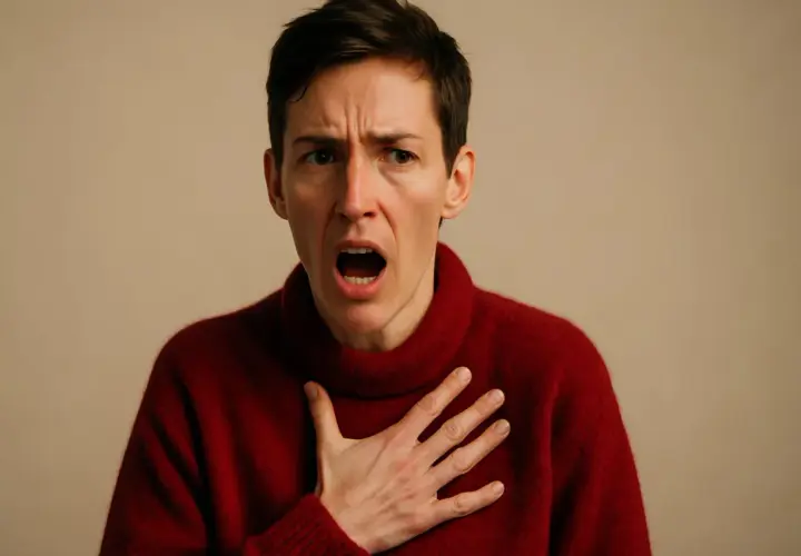 Una persona con un maglione rosso urla, con la mano sul petto, come se avesse problemi respiratori o fosse in preda al panico.