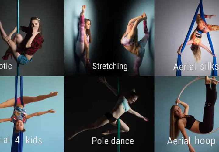 Kobiety wykonujące różne figury gimnastyczne: exotic pole, stretching, aerial silks, aerial 4 kids, pole dance, aerial hoop.