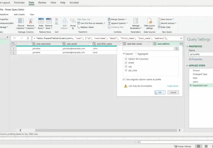 Interfaccia di Power Query Editor in Excel, che mostra la trasformazione di dati da XML a Excel, con espansione di colonne utente.