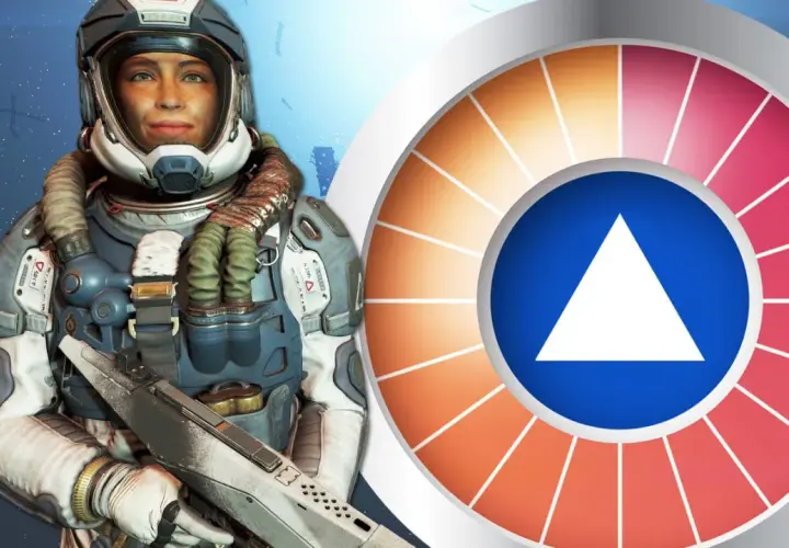 Astronautin mit Waffe, daneben ein Farbrad mit einem weißen Dreieck auf blauem Grund. Starfield News.