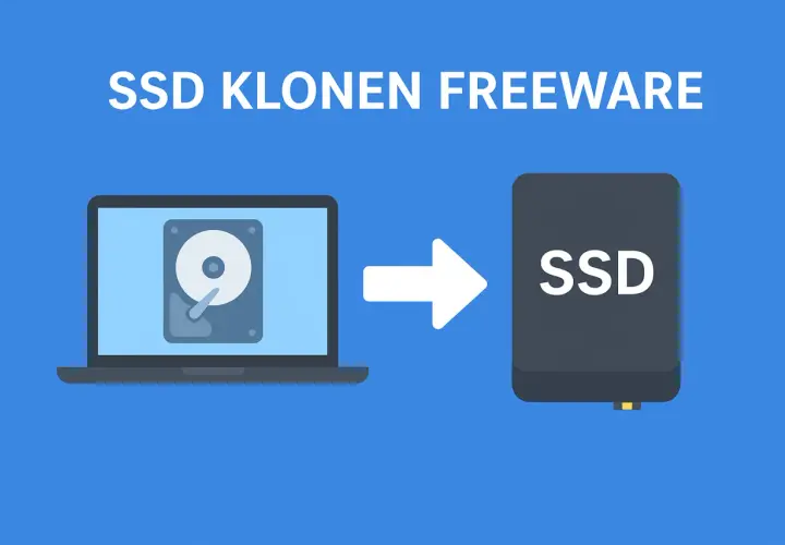Illustration zeigt, wie man mit **m.2 SSD klonen freeware** Daten von einer Festplatte auf eine SSD überträgt.