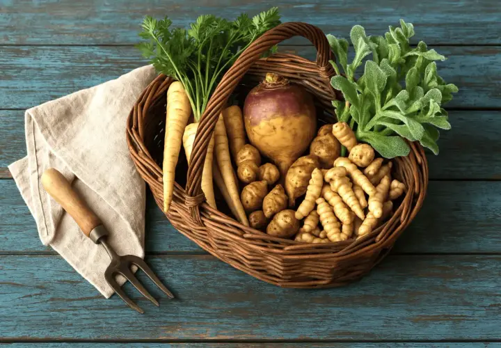 Panier rempli de légumes racines, dont des panais, des topinambours et un rutabaga, rappelant les légumes rares oubliés. Une fourche à main repose sur une serviette à côté.