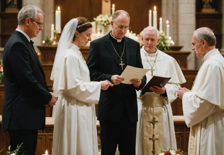 Para ślubna w kościele z księdzem i biskupem czytającymi dokumenty.