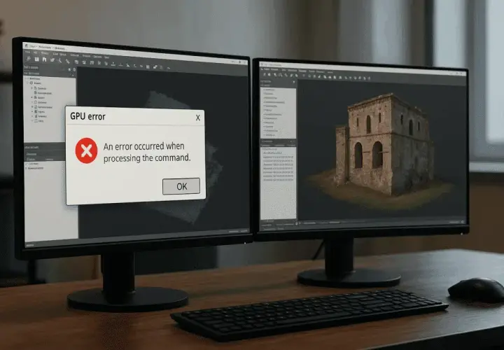 Zwei Monitore zeigen 3D-Modelle. Ein Fenster meldet einen "GPU error", was auf einen Treiber-Timeout bei AMD hindeuten könnte.
