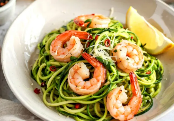 Deliciosos espaguetis de calabacín con gambas, perfectos para cenas saludables y ligeras. Un toque de limón realza su frescura.