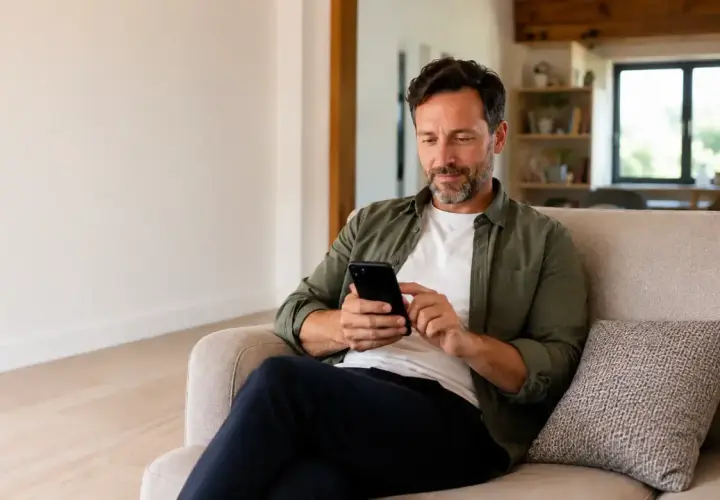 Uomo con ADHD adulto cerca informazioni su come gestire la sua condizione, navigando sul suo smartphone comodamente seduto sul divano.