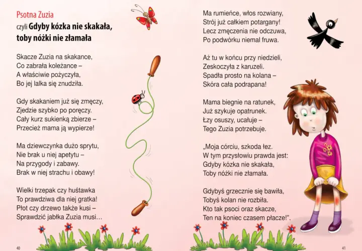 Zuzia, psotna jak kózka, skacze i bawi się, choć czasem kończy z podrapanymi kolanami. Przysłowia i powiedzenia o jej wybrykach.