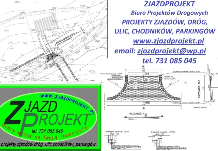 Projekt zjazdu z drogi powiatowej, z detalami technicznymi i przekrojami. Logo firmy Zjazdprojekt.