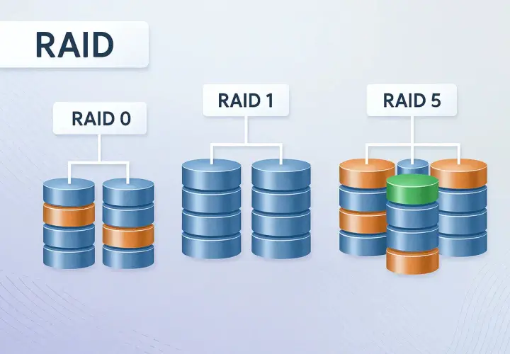 Darstellung verschiedener RAID-Level: RAID 0 (zwei Stapel), RAID 1 (zwei Stapel) und RAID 5 (drei Stapel, einer grün).