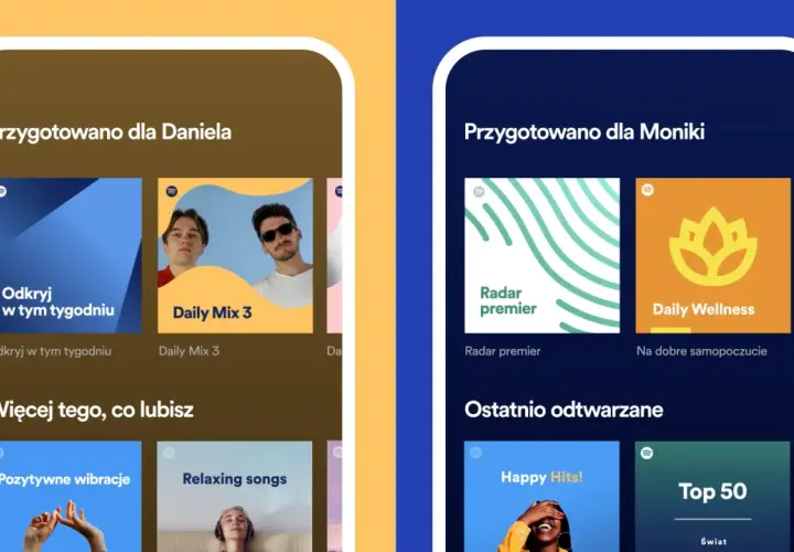 Dwa ekrany telefonu z interfejsem Spotify, prezentujące spersonalizowane playlisty dla Daniela i Moniki.