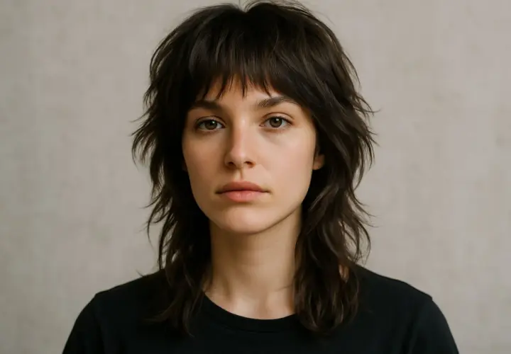 Portret młodej kobiety z ciemnymi, rozczochranymi włosami w stylu wolf cut.