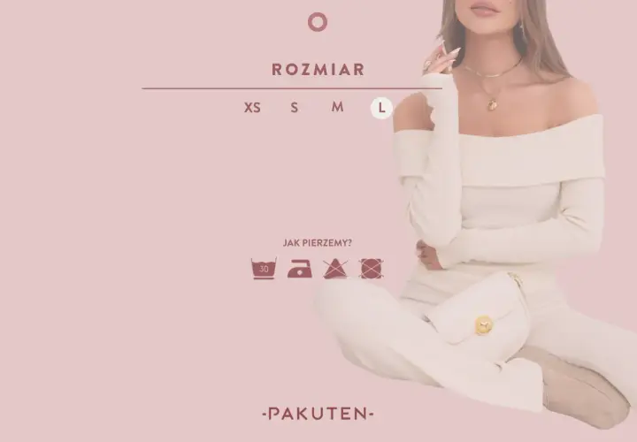 Kobieta w kremowym komplecie, rozmiar L. Obok ikony prania i prasowania.