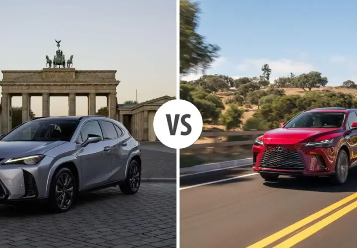 Dwa modele Lexus SUV: srebrny przed Bramą Brandenburską, czerwony na krętej drodze.
