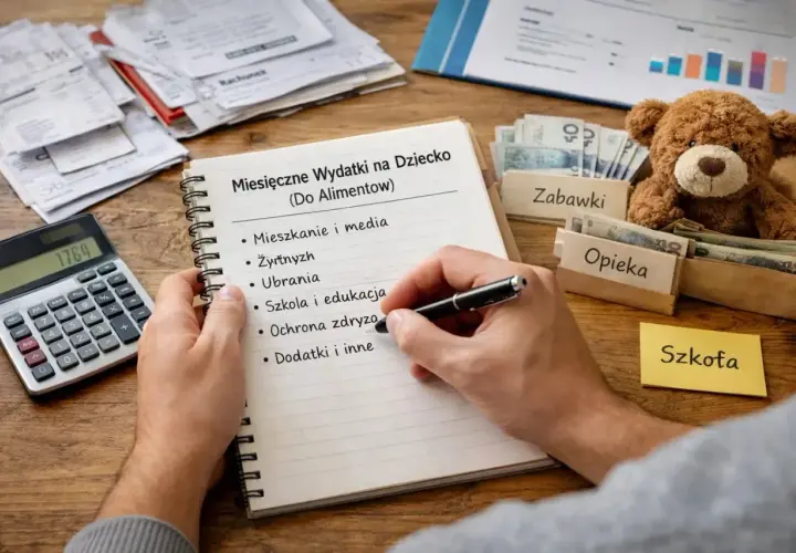 Zestawienie wydatków na dziecko wzór: lista obejmuje mieszkanie, żywność, ubrania, szkołę, opiekę i dodatki. Obok notatnika leży kalkulator i pieniądze.