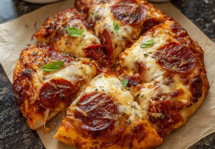 Pyszna pizza z pepperoni, z ciągnącym się serem i świeżą bazylią, przygotowana w air fryerze.