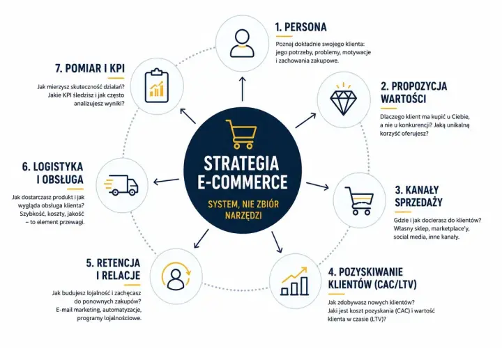 Schemat strategii e-commerce: od persony klienta, przez propozycję wartości, kanały sprzedaży, pozyskiwanie i retencję klientów, logistykę, po pomiar KPI. Klucz do skutecznej sprzedaży online.